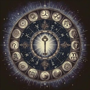 Puede incluir: Ilustración detallada de una rueda zodiacal con símbolos astrológicos y una llave en el centro. El diseño presenta un fondo azul oscuro con un cielo estrellado y un borde decorativo.