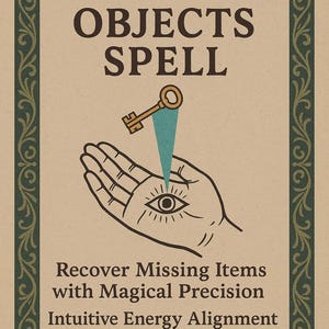 May include: A vintage-style poster with the text "FIND LOST OBJECTS SPELL." It features a hand with an eye in the palm, a key, and additional text: "Recover Missing Items with Magical Precision, Intuitive Energy Alignment, Fast Results & Guarantee."