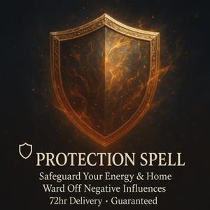 May include: A digital illustration of a golden shield with an intricate design, set against a dark background with glowing orange energy. The text "PROTECTION SPELL" is displayed below the shield, along with additional text about safeguarding energy and home.