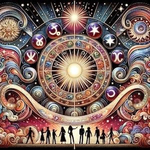 Könnte beinhalten: Eine lebendige, künstlerische Darstellung der Astrologie und des Kosmos. Das Bild zeigt ein zentrales Tierkreisrad mit farbenfrohen Symbolen, umgeben von wirbelnden Mustern, Sternen und Himmelskörpern. Silhouetten stehen unter einem Banner.