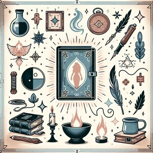 以下が含まれることがあります： 神秘的で魔法的な要素を描いたイラスト。女性のシルエットが描かれた中心の書物の周りには、薬瓶、羽根、懐中時計、ろうそく、その他の神秘的なシンボルが、青、ピンク、茶色の色合いで描かれています。