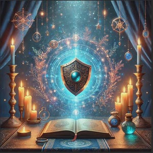 May include: An open book with a red ribbon bookmark sits on a table, surrounded by candles, a shield, and hanging ornaments. The shield has a teal gem in the center. The scene is illuminated by candlelight and a glowing blue aura.