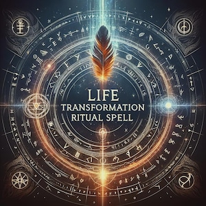 Puede incluir: Ilustración digital con una pluma central en tonos naranja y marrón, sobre un fondo azul oscuro. La imagen incluye círculos concéntricos, símbolos y el texto "LIFE TRANSFORMATION RITUAL SPELL".