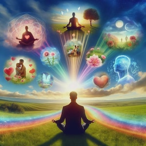 Può includere: Illustrazione digitale di una persona che medita in un campo, con un arcobaleno che emana da essa. Varie scene, tra cui un cuore, fiori e figure in meditazione, circondano la persona, il tutto su uno sfondo di cielo blu nuvoloso.