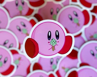 Kirby with Ice Cream Sticker (3") || Cute Vinyl Glossy Gaming Sticker for Laptops, Water Bottles, etc.