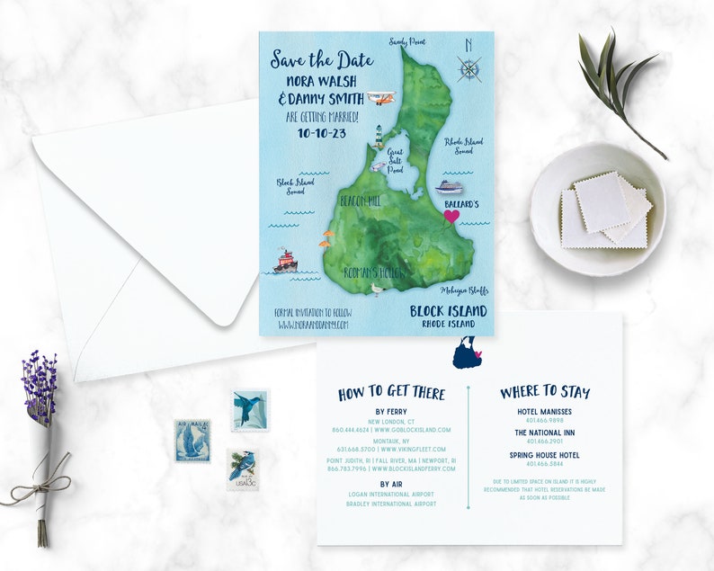 Block Island Map save the date Block Island wedding Watercolor Save the Date Block Island Save the Date image 3