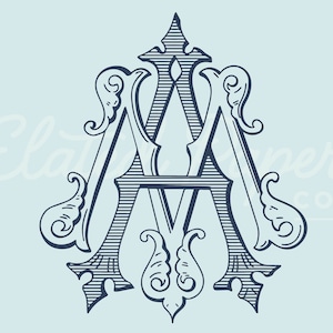 May include: A monogram design featuring the letters "A" and "M" in a decorative, stylized font. The letters are intertwined and have intricate flourishes. The design is in a dark blue color against a light blue background.