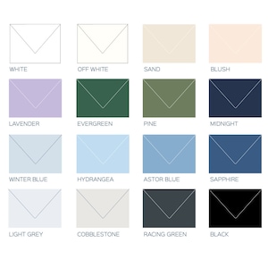 Op de afbeelding: Een grafiek met 16 verschillende envelopkleuren die worden aangeboden door Elated Paper Co. De kleuren zijn: Wit, Cr&egrave;mewit, Zand, Rouge, Lavendel, Immergroen, Den, Middernacht, Winterblauw, Hortensia, Astorblauw, Saffier, Lichtgrijs, Kassei, Racegroen en Zwart.