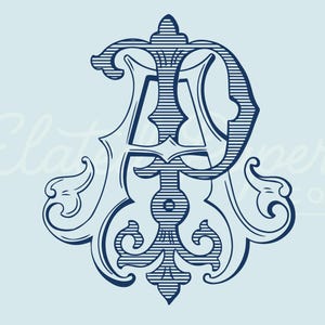 May include: A navy blue monogram design featuring the letters "A" and "P" intertwined with ornate flourishes. The design is set against a light blue background, with the text "Elated Paper Co." in the background.