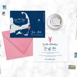 May include: Save the date card with a map of Cape Cod, Massachusetts, featuring a heart over Marion, MA. The card says "Save the Date" with the date September 17, 2022, and the names "Jen + Mike" with their website address. The second card says "Join the Celebration! Jen & Mike" with their last names and the date September 17, 2022. The card also includes a lobster illustration.