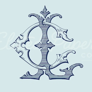 May include: A navy blue monogram with the letters "LG" in a decorative, stylized font. The letters are intertwined and have a striped pattern.