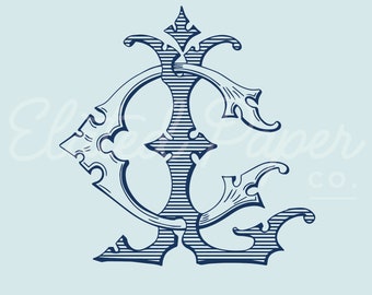 Vintage monogram CL of LC, vintage bruiloftsmonogram, vintage aquarelmonogram