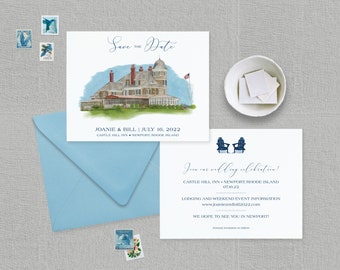 Newport Save the Date - Castle Hill Inn Save the Date - Newport Destination Wedding - Watercolor Save the Date - Venue Save the Date