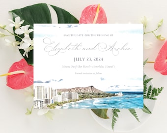 Hawaii save the date – Hawaii Wedding – Diamond Head Save the Date - Illustrated Save the Date - Diamond Head Illustration