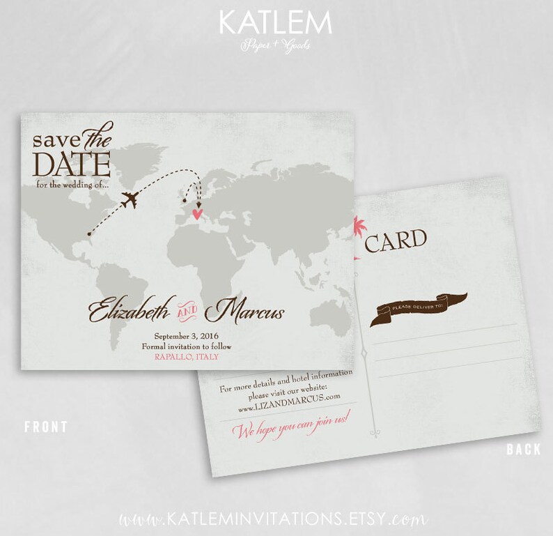Vintage World Map Save the Date US States and Countries of your choice