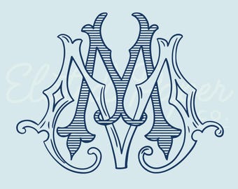 Vintage monogram MM of MM, vintage bruiloftsmonogram, vintage aquarelmonogram