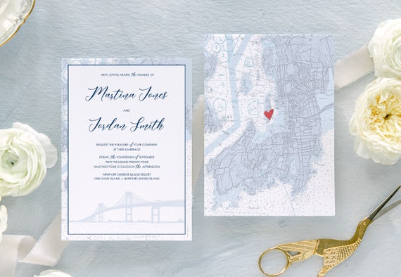 Newport Rhode Island Wedding Invitation - Destination Wedding - Nautical Chart wedding invitation - Map wedding invitation