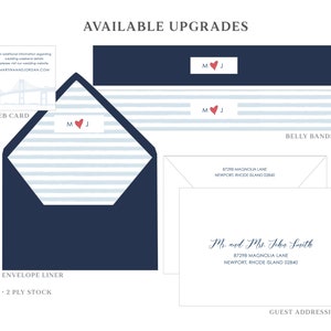 Op de afbeelding: Een donkerblauwe envelop met een lichtblauwe en witte gestreepte voering. De envelopvoering heeft de initialen "M & J" met een rood hart. De tekst "WEB CARD" staat onder de envelop. De tekst "ENVELOPE LINER" staat onder de envelop. De tekst "2 PLY STOCK" staat onder de envelop. De tekst "AVAILABLE UPGRADES" staat bovenaan de afbeelding. De tekst "BELLY BANDS" staat onder de envelop. De tekst "GUEST ADDRESSING" staat onder de envelop. De tekst "87298 MAGNOLIA LANE NEWPORT, RHODE ISLAND 02840" staat onder de envelop. De tekst "Mr. and Mrs. John Smith" staat onder de envelop.