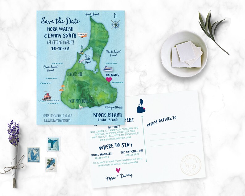 Block Island Map save the date Block Island wedding Watercolor Save the Date Block Island Save the Date image 2