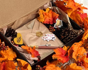 May include: A brown box with a brown paper package inside. The box is decorated with fall leaves and pine cones. The package is tied with a brown ribbon and has a wax seal. There is a small heart-shaped tag with the text "Adventure awaits" on it.
