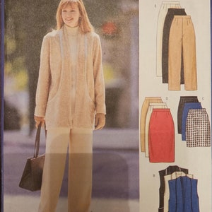 May include: A sewing pattern for a cardigan, vest, and skirt. The pattern is for sizes 20-22-24 and is from Butterick Unlimited Fashion Options. The pattern includes a variety of styles for the skirt, including a plaid skirt, a solid skirt, and a skirt with a contrasting waistband.