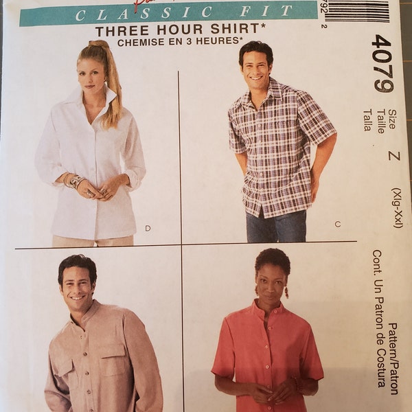 McCalls 4079 Classic Fit Unisex Shirt | Button Front, Collar and Sleeve Variation | Sewing Pattern, by Palmer/Pletsch, sizes XLG-XXL - UNCUT