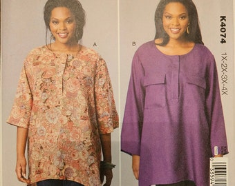 Kwik Sew K4074 Womens Woven Tunics | Concealed Front Buttons, Sleeve Options, Asymmetrical Hem | Sewing Pattern, sizes 1X-2X-3X-4X - UNCUT