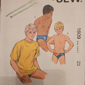 May include: Vintage Kwik Sew sewing pattern 1609 featuring illustrations of young people in swimwear. The pattern includes the text "KWIK SEW" and "Pattern 1609" with sizes 4-5-6-7. Designed by Kerstin Martensson.