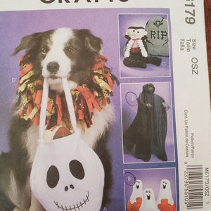 May include: A McCall's Crafts pattern, M6179, featuring Halloween-themed crafts. The image shows a dog wearing a festive collar and holding a Jack Skellington-style treat bag. Additional craft ideas include a vampire, a ghost, and a grim reaper.