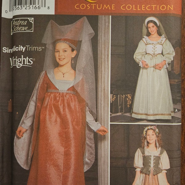 Simplicity 9836 Child/Teen Renaissance Dress/Gown | Short Stays, Hennin, Veil, Apron, Petticoat | Sewing Pattern, sizes 7-8-10-12-14 - UNCUT