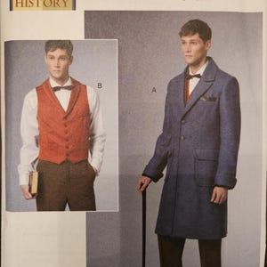 May include: Butterick sewing pattern featuring a man in a long blue coat and a red vest with a bow tie. The pattern includes the text "MAKING HISTORY" and the number "66502".