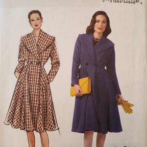 May include: A vintage Butterick sewing pattern, B5824, featuring illustrations of two women in stylish coats. One coat is a houndstooth pattern, the other is a solid purple. The pattern size is E5, with measurements for sizes 14-22.