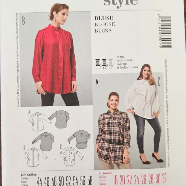 Burda 7009 Misses Woven Blouse | Button-Front, Shirttail, Collar Options, Long Sleeve | Sewing Pattern, sizes 18-20-22-24-26-28-30-32 -UNCUT