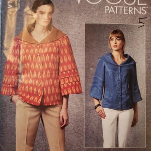 May include: Vogue Patterns sewing pattern featuring two jacket designs. One jacket is red and gold with a button-up front and three-quarter sleeves. The other is a blue jacket with a hood and button-up front. The pattern includes all sizes.