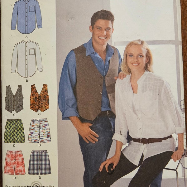 Simplicity 2741 Unisex Adult/Teen Button-Front Shirt w/Cuffs, Single-Breasted Vest & Boxer Shorts | Sewing Pattern, sizes XS-S-M - UNCUT