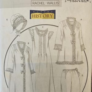 May include: A Butterick sewing pattern, B5061, featuring a nightgown, robe, pants, and cap. The pattern includes detailed illustrations of the garments, with decorative trim and bow accents. The design is by Rachel Wallis.