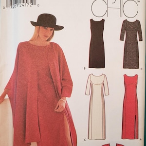 May include: Simplicity Easy Chic sewing pattern featuring a woman in a red dress and cape. The pattern includes dress designs with varying sleeve lengths and a cape. The pattern sizes are 14, 16, 18, and 20.