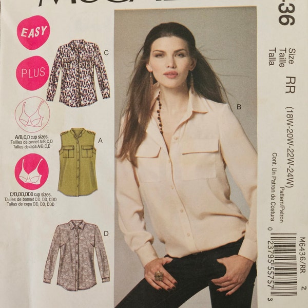 McCalls M6436 Womens Shirts | Button-front, Patch Pockets w/Flap, Sleeve Length Options | Easy Sewing Pattern, sizes 18W-20W-22W-24W - UNCUT