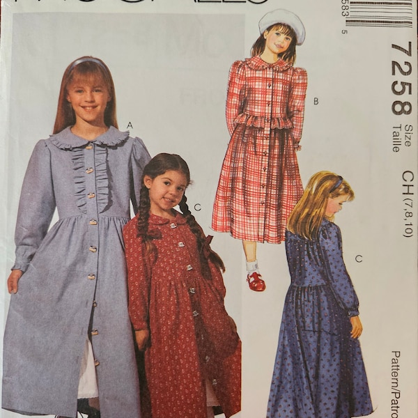 McCalls 7258 Girls Dresses and Petticoat | Woven, Peter Pan Collar, Ruffles, Button-Front & Cuff | Sewing Pattern, sizes 7-8-10 - UNCUT