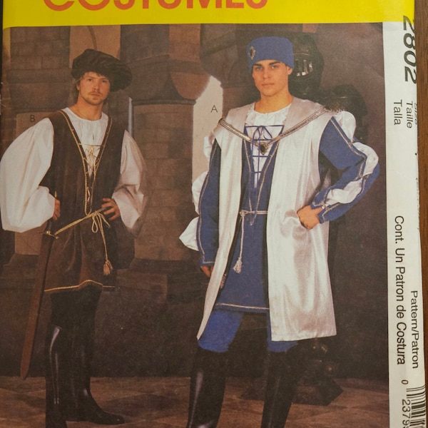 McCalls 2802 Mens Italian/English Renaissance Costume | Surcoat, Tunic, Hat, Shirt, Leggings | Sewing Pattern, sizes Sml-Med - UNCUT