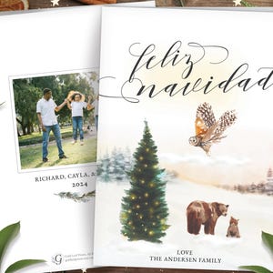 Afdrukbare kerstkaartsjabloon, aquarel kerstkaart, Feliz Navidad-wenskaart, direct bewerkbare DIY