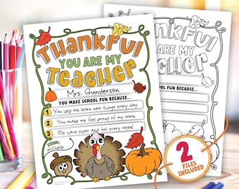 Teacher Thank You Coloring Sheet, Thanksgiving Teacher Gift Printable, Editable & Colored Versions, US Letter and A4 Sizes