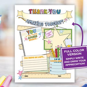 May include: A printable thank you card for teachers. The card features a colorful design with a star, pencils, and a notebook. The text on the card says "Thank You Amazing Teacher!" and includes space for students to write about what they appreciate about their teacher.