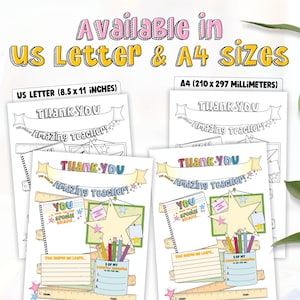 May include: Printable coloring pages for teachers. The pages feature the text "Thank You Amazing Teacher!" with a star, ruler, and other classroom-themed illustrations. Available in US Letter (8.5 x 11 inches) and A4 (210 x 297 millimeters) sizes.