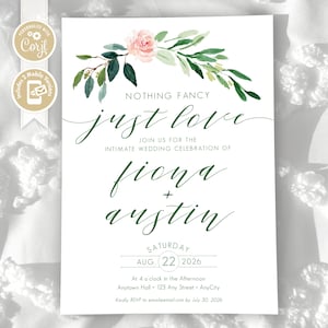 Puede incluir: Una invitación de boda blanca con detalles florales y el texto "Nothing Fancy Just Love". La invitación incluye los nombres Fiona y Austin, la fecha 22 de agosto de 2026 e información de RSVP. Un diseño floral con una rosa rosa y hojas verdes decora la parte superior.