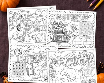 Halloween Activity Placemat Bundle, 4 Printable Coloring Mats with Maze, Word Search and Games, Party Games for Kids, 8.5x11 & A4