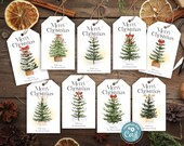Editable Christmas Gift Tags, Set of 9 Printable Holiday Gift Tags, Watercolor Tree Holiday Tags, Merry Christmas Tags US Letter & A4