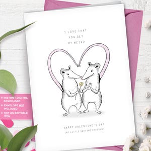 Carte pliée imprimable Happy Valentine's Day Opossum 5 x 7 pouces, vous êtes génial opossum en téléchargement numérique carte de la Saint-Valentin, téléchargement immédiat