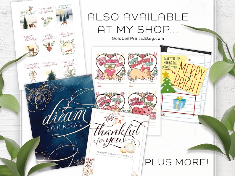 May include: A collection of printable cards featuring various designs, including a blue and gold "dream journal" cover, a pink and white "thankful for you" card with a Thanksgiving theme, and several Valentine's Day cards with cute illustrations. The cards are available at GoldLeifPrints.Etsy.com.