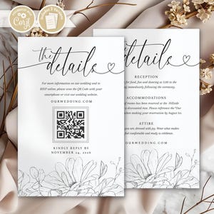 Könnte beinhalten: Zwei weiße Hochzeits-Detailkarten mit schwarzem kursivem Text, der the details mit einem kleinen Herzsymbol liest. Die Karten enthalten einen QR-Code, eine Website-URL sowie Text zu Empfang, Unterkunft und Kleidung mit floraler Linienkunst.